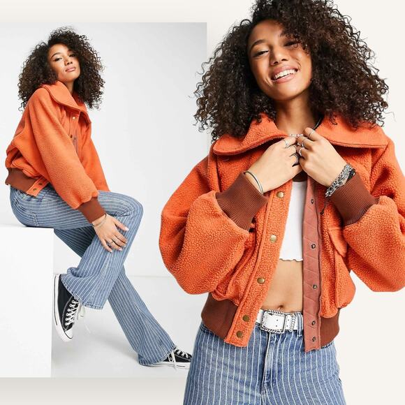 FREE PEOPLE Shasta Cardi Sherpa Bomber Jacket Snap Closure Orange Relaxed L - Picture 13 of 14